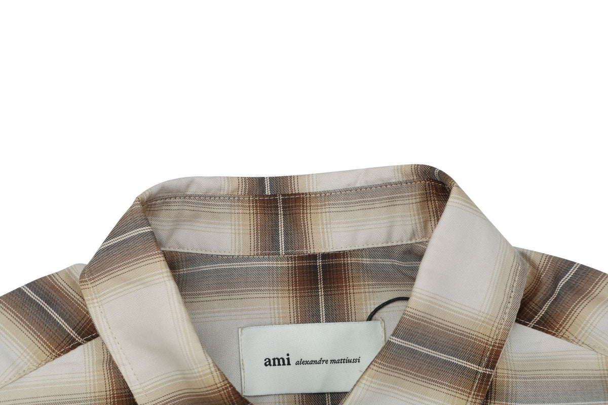 AMI Paris Heart Logo Brown Plaid Short Sleeve Shirt