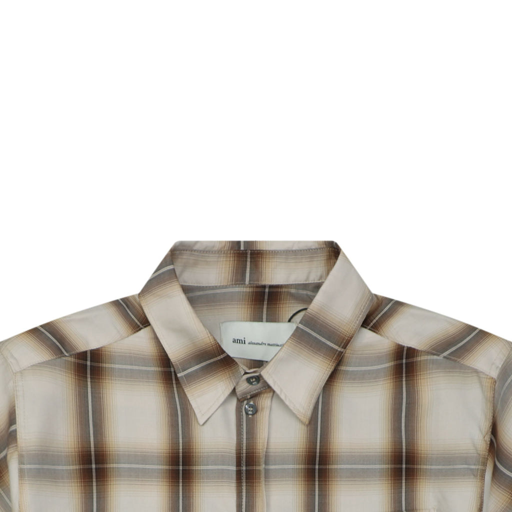 AMI Paris Heart Logo Brown Plaid Short Sleeve Shirt