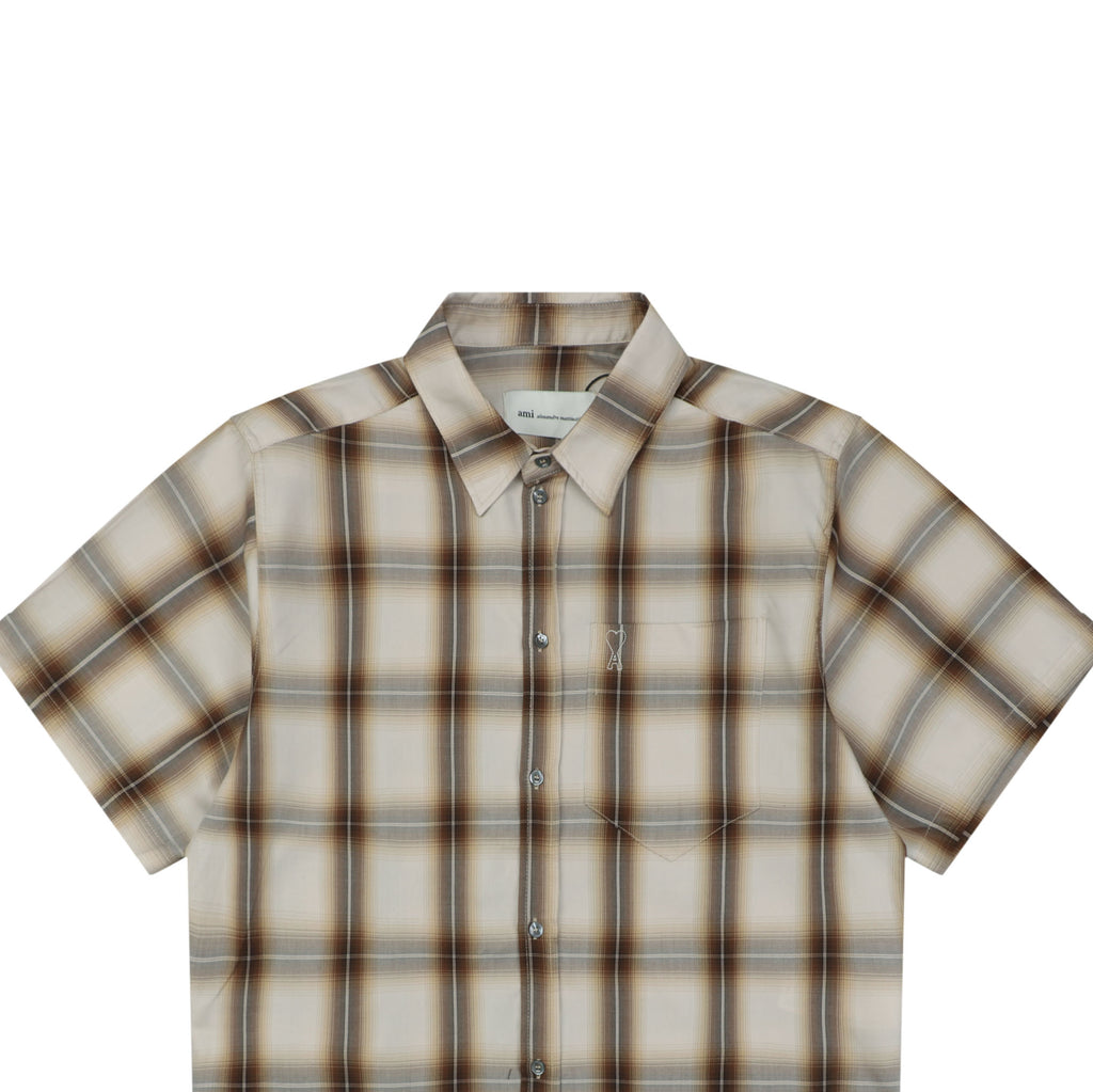 AMI Paris Heart Logo Brown Plaid Short Sleeve Shirt