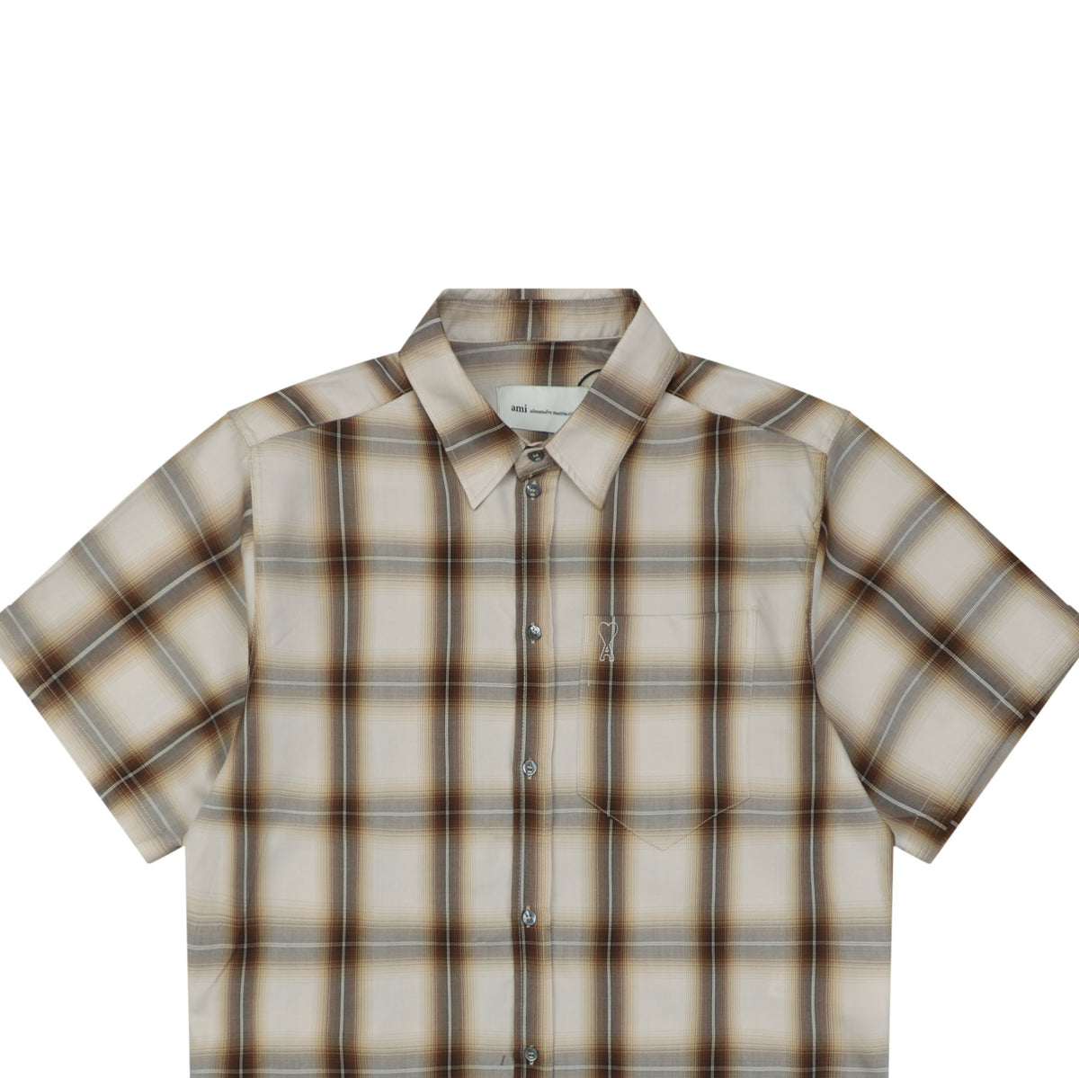 AMI Paris Heart Logo Brown Plaid Short Sleeve Shirt
