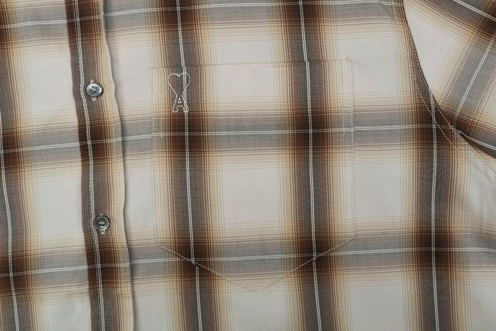 AMI Paris Heart Logo Brown Plaid Short Sleeve Shirt