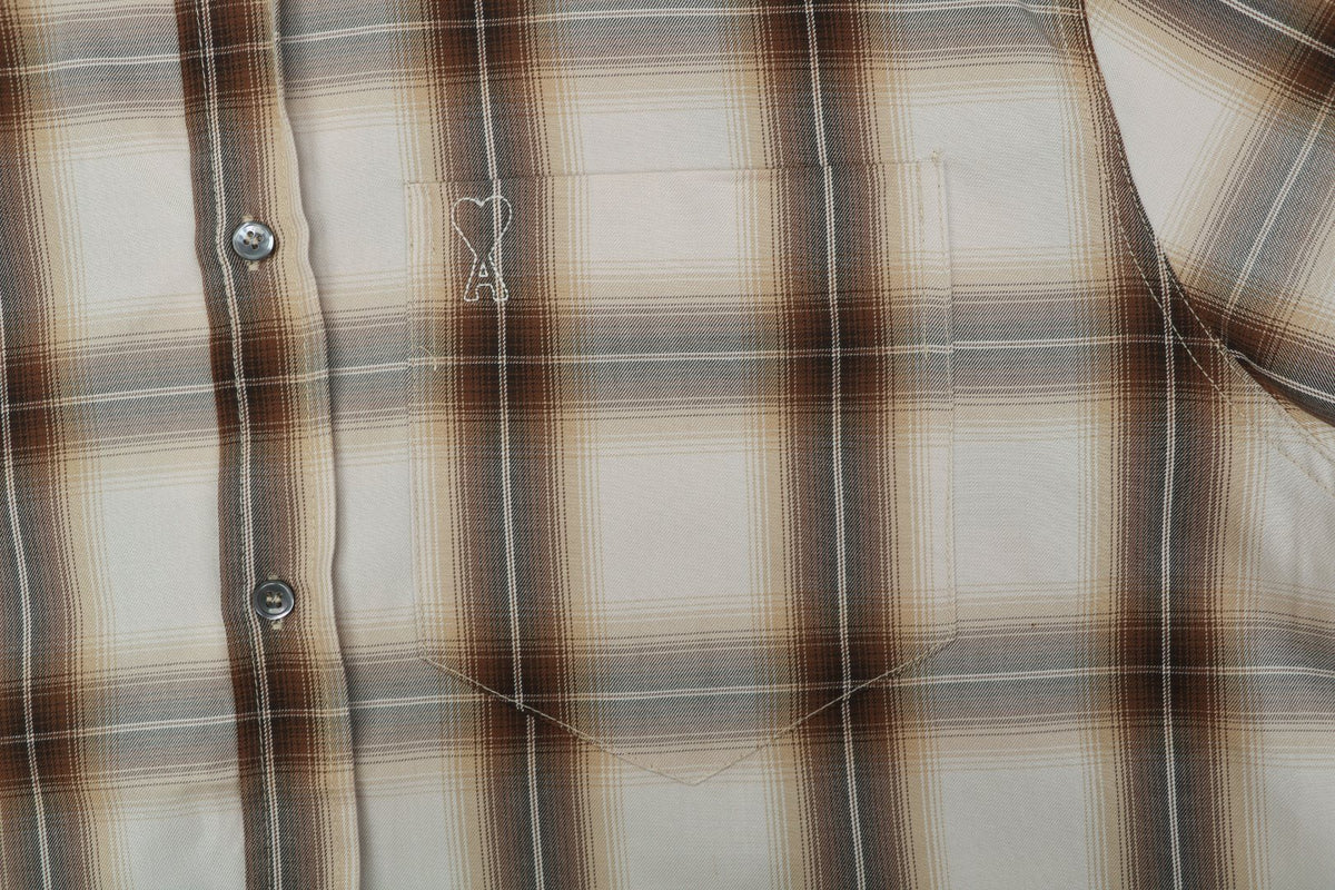 AMI Paris Heart Logo Brown Plaid Short Sleeve Shirt