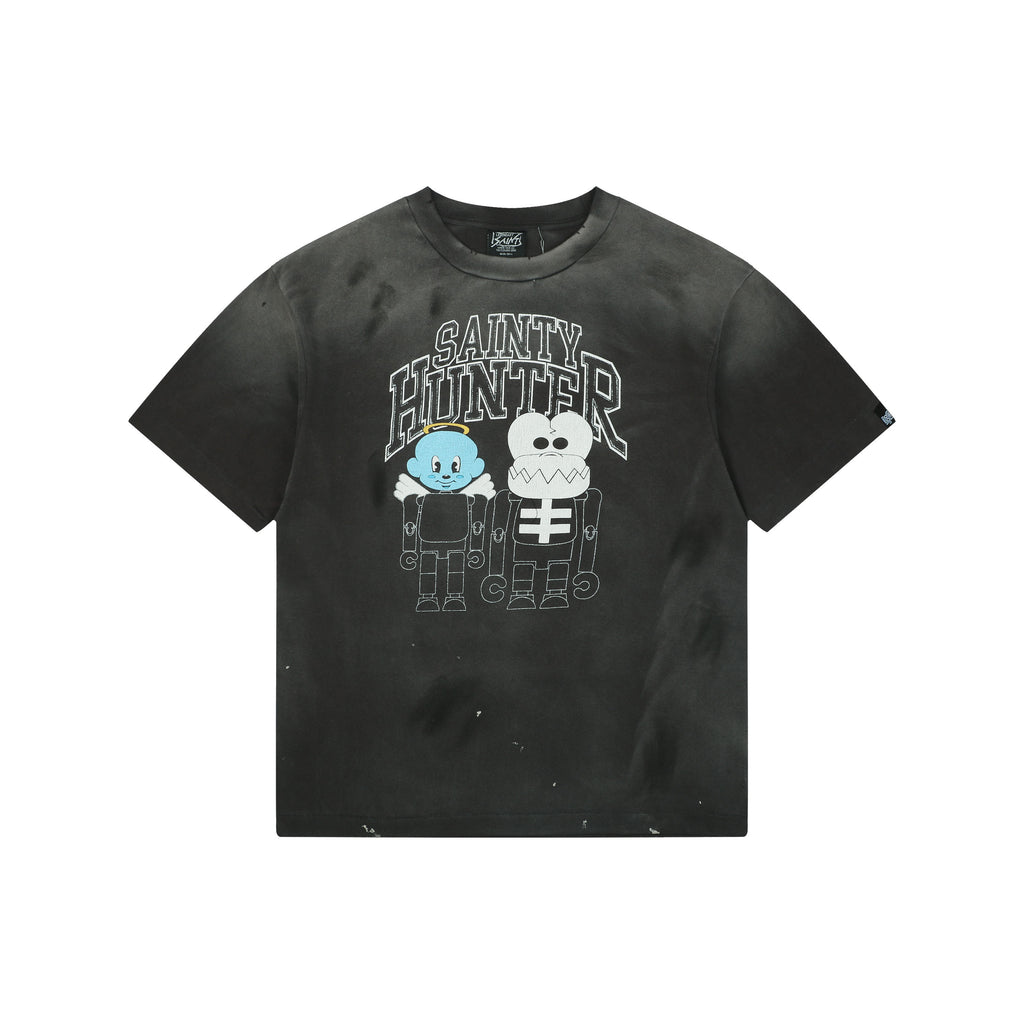 Saint Michael Skeleton Angel Duo Graphic Short Sleeve Tee – Washed Black
