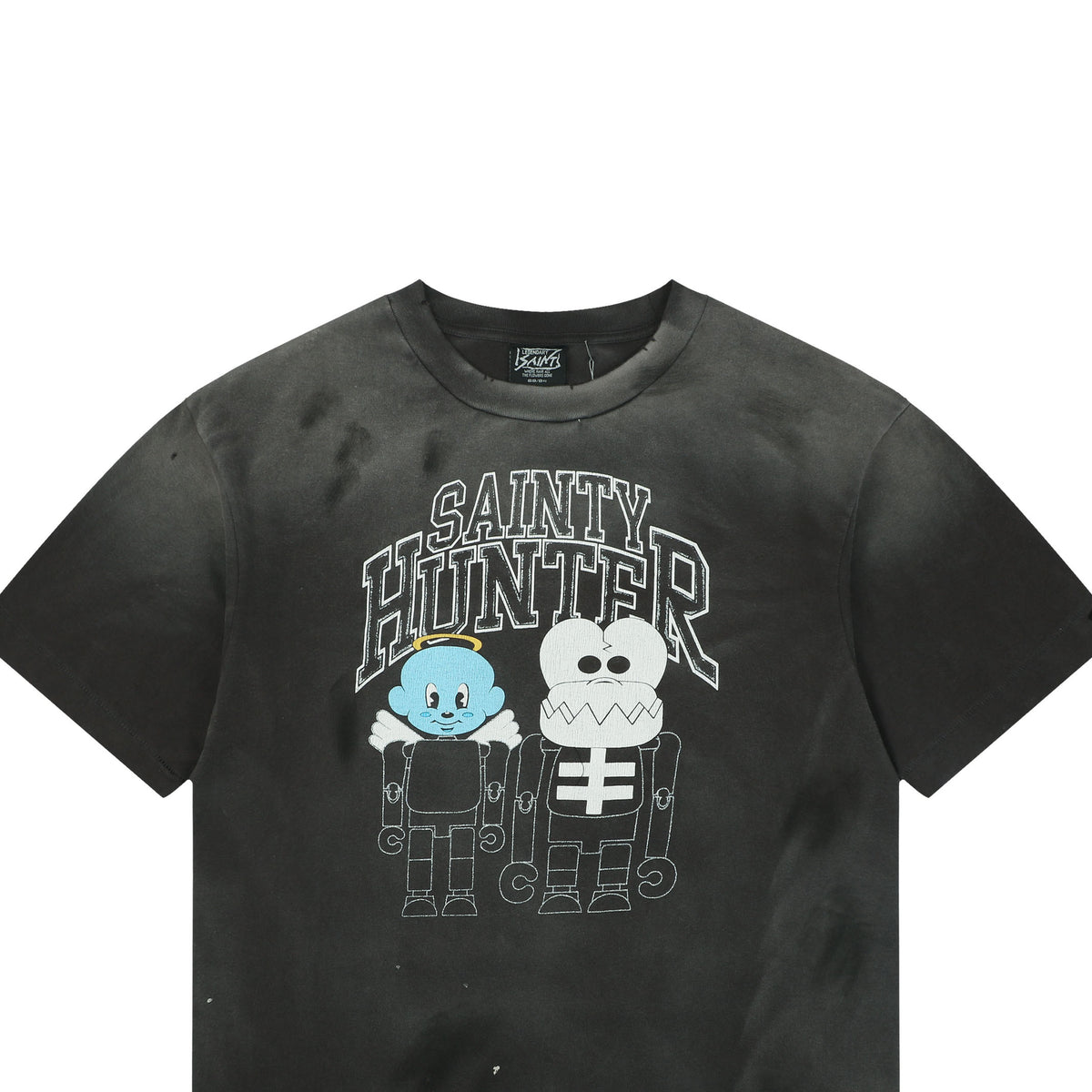 Saint Michael Skeleton Angel Duo Graphic Short Sleeve Tee – Washed Black