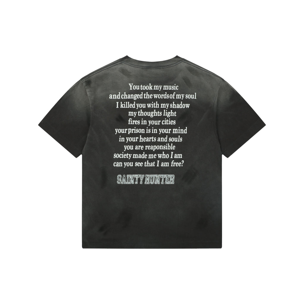 Saint Michael Skeleton Angel Duo Graphic Short Sleeve Tee – Washed Black