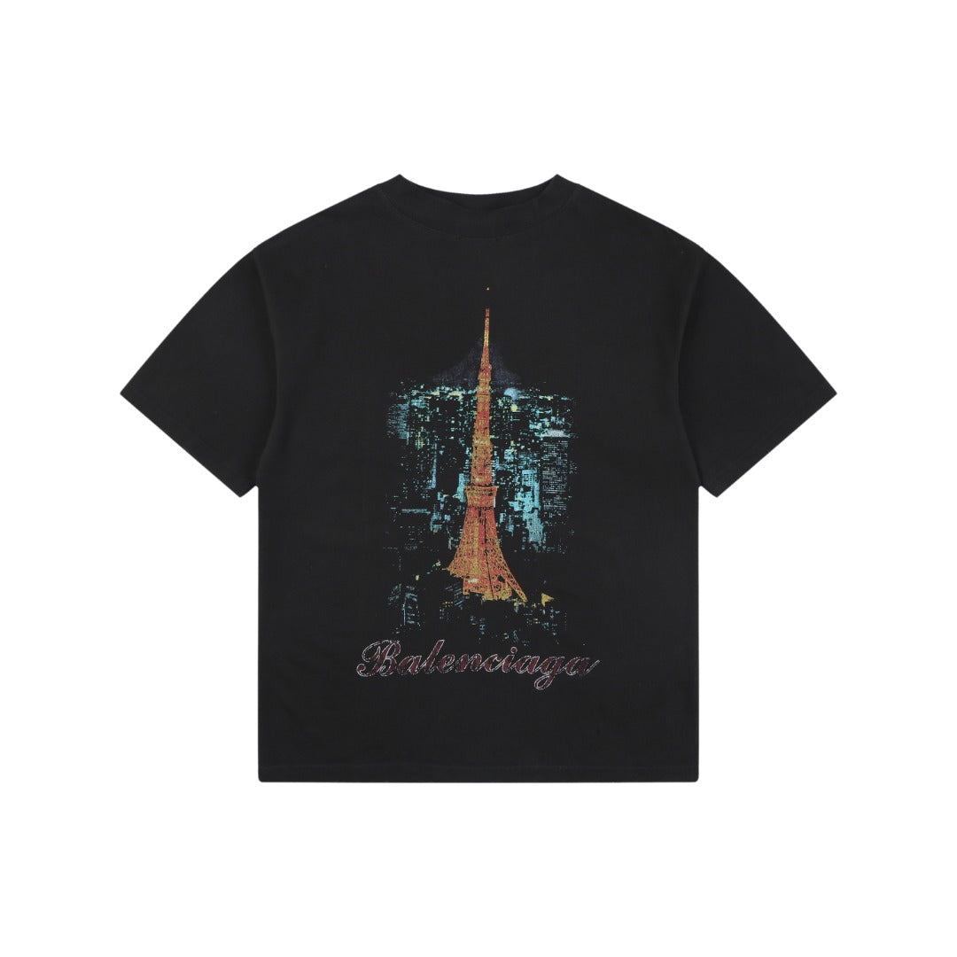 Balenciaga Tokyo Tower Night Cityscape Print Short Sleeve Tee – Black