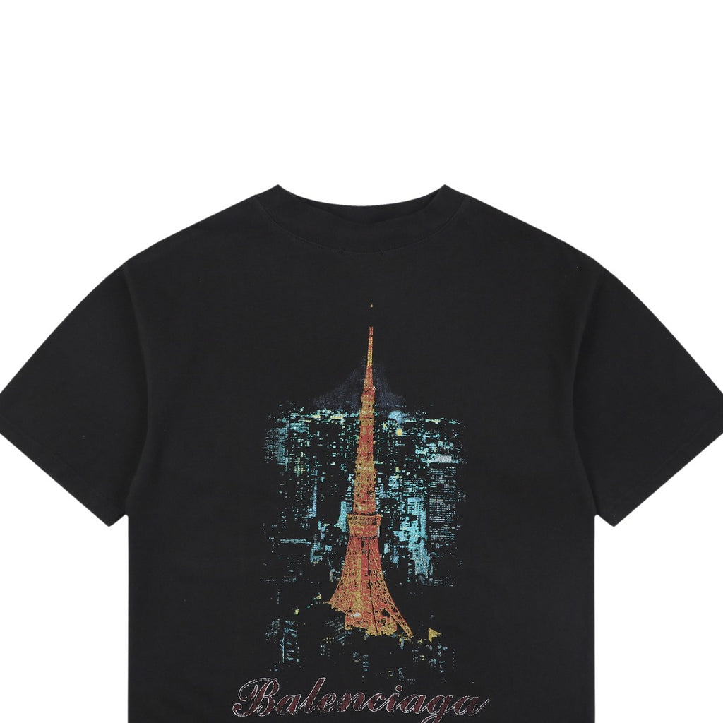 Balenciaga Tokyo Tower Night Cityscape Print Short Sleeve Tee – Black