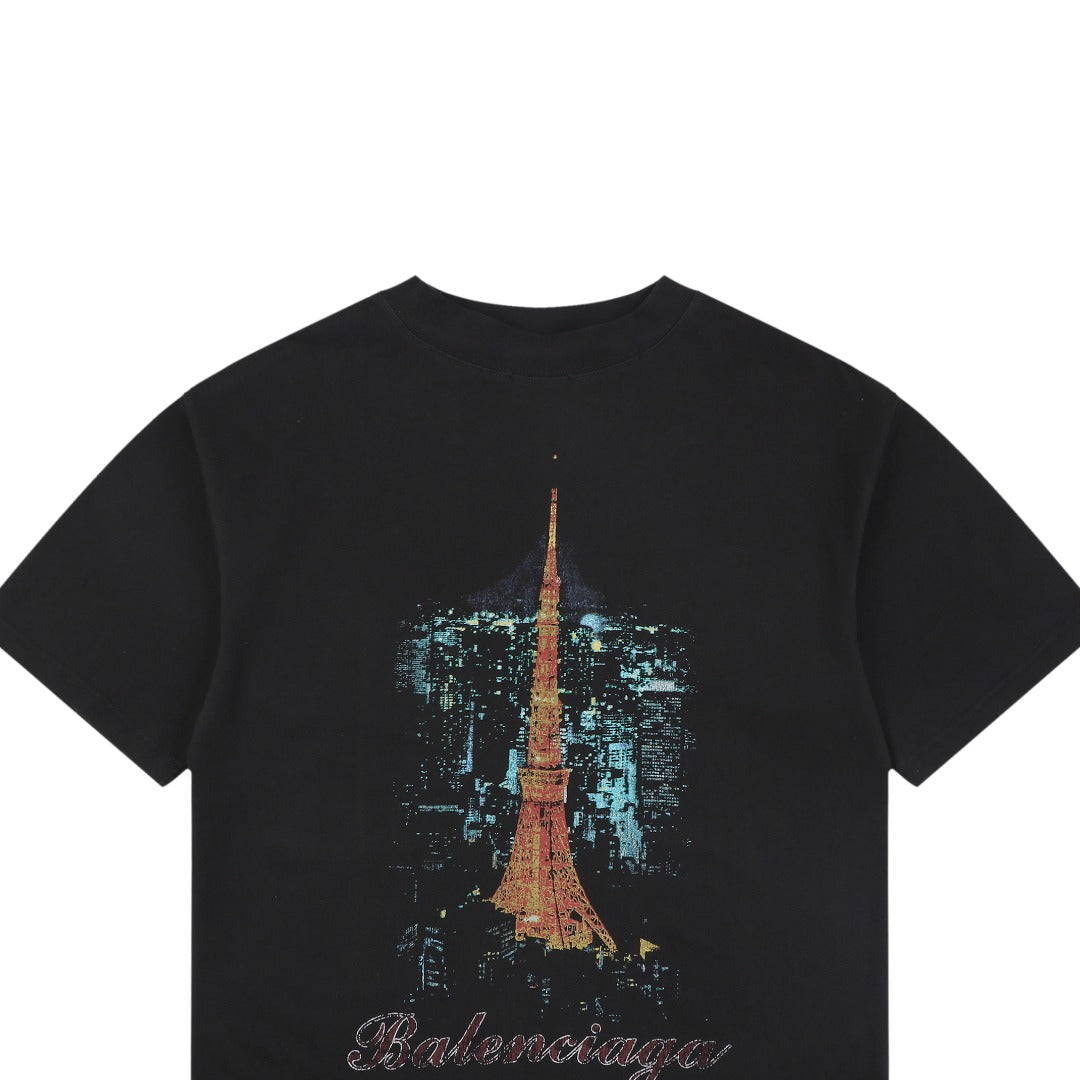 Balenciaga Tokyo Tower Night Cityscape Print Short Sleeve Tee – Black