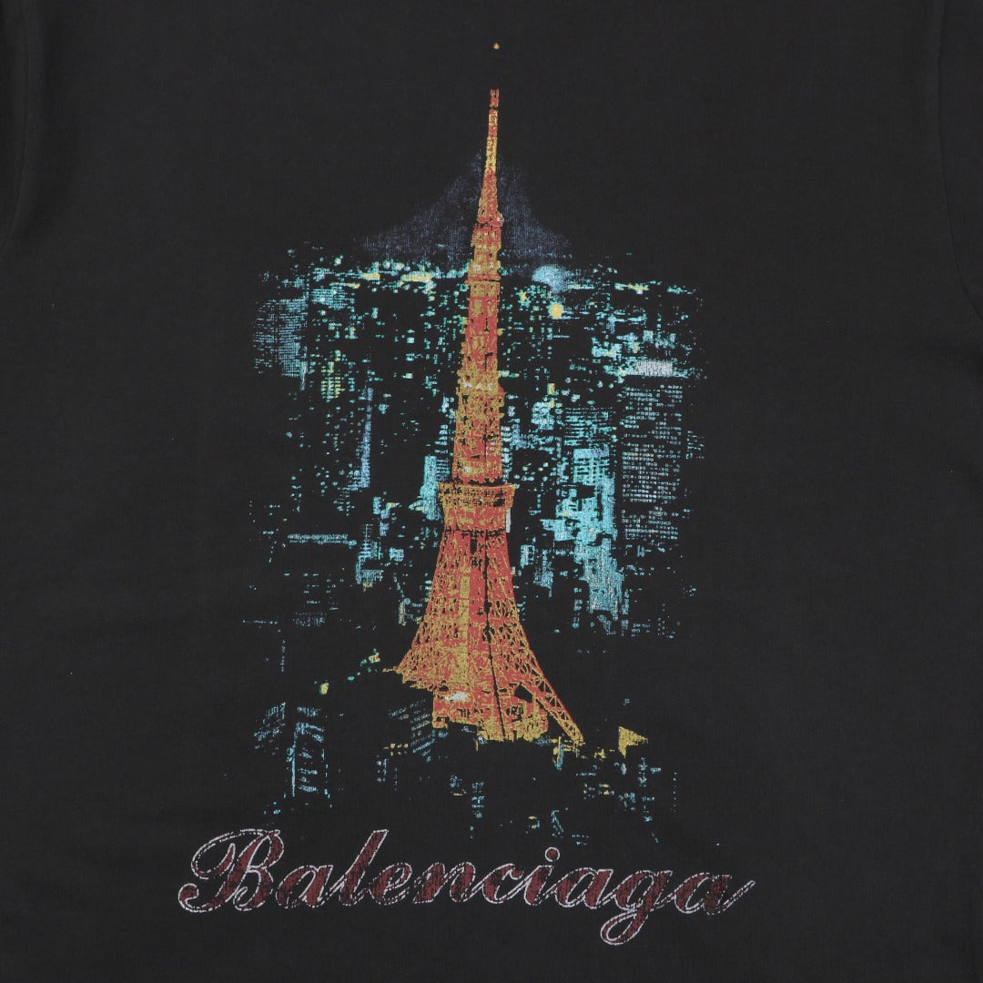 Balenciaga Tokyo Tower Night Cityscape Print Short Sleeve Tee – Black