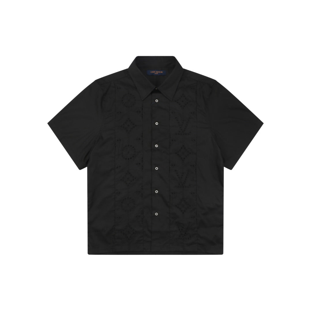 Louis Vuitton Vertical Stripe Monogram Openwork Jacquard Short Sleeve Shirt – Black