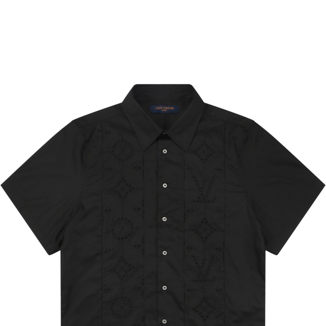 Louis Vuitton Vertical Stripe Monogram Openwork Jacquard Short Sleeve Shirt – Black