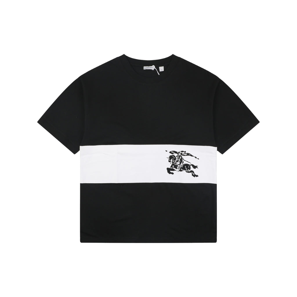 Burberry Equestrian Knight Horizontal Stripe Panel Short Sleeve Tee – Black / White