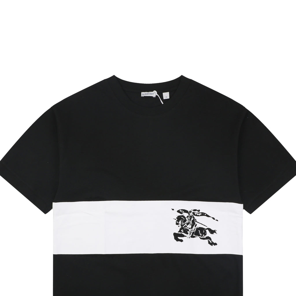 Burberry Equestrian Knight Horizontal Stripe Panel Short Sleeve Tee – Black / White