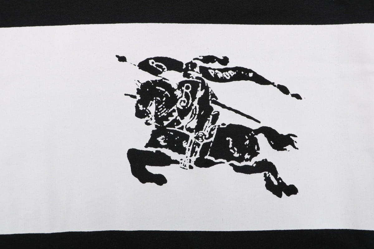 Burberry Equestrian Knight Horizontal Stripe Panel Short Sleeve Tee – Black / White