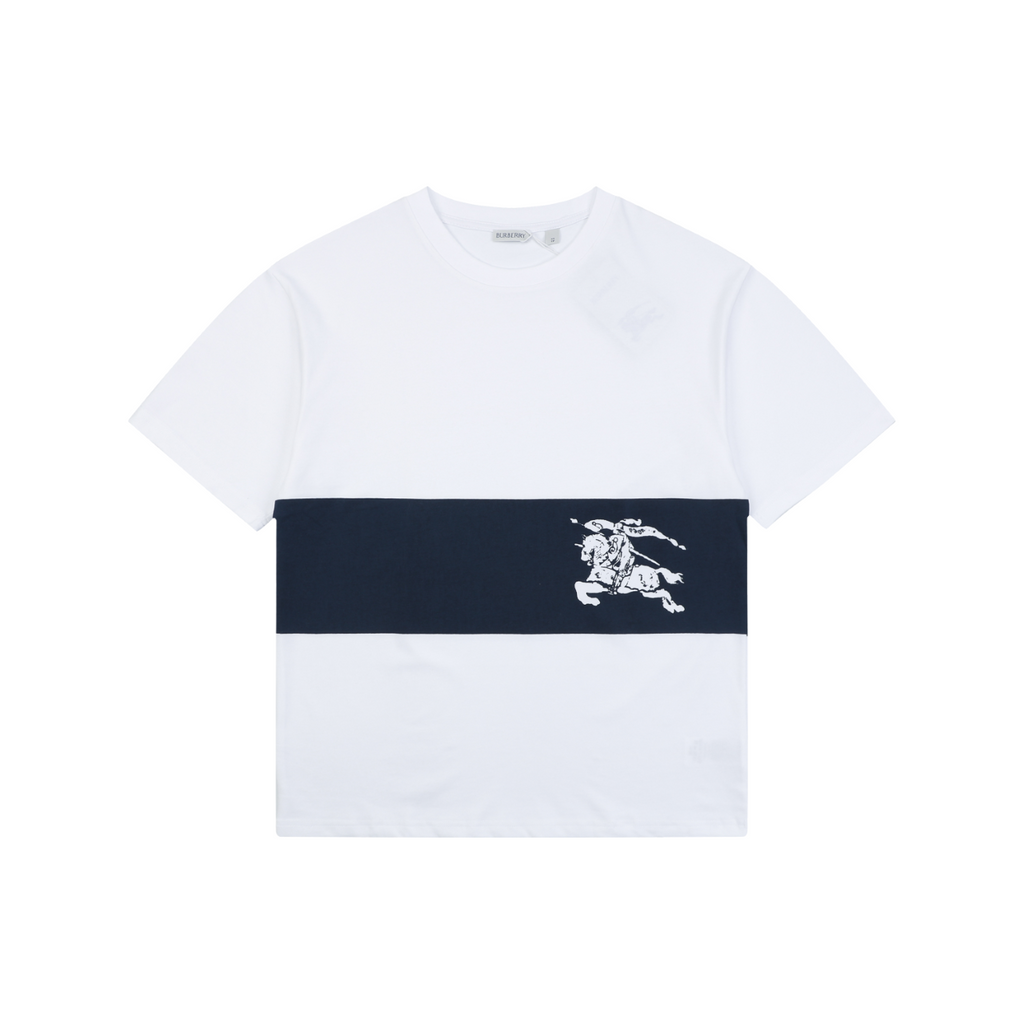 Burberry Equestrian Knight Horizontal Stripe Print Short Sleeve Tee – White / Navy