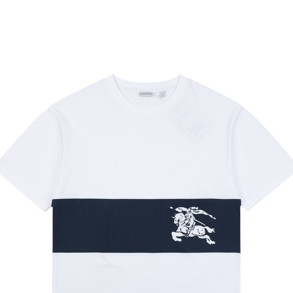 Burberry Equestrian Knight Horizontal Stripe Print Short Sleeve Tee – White / Navy