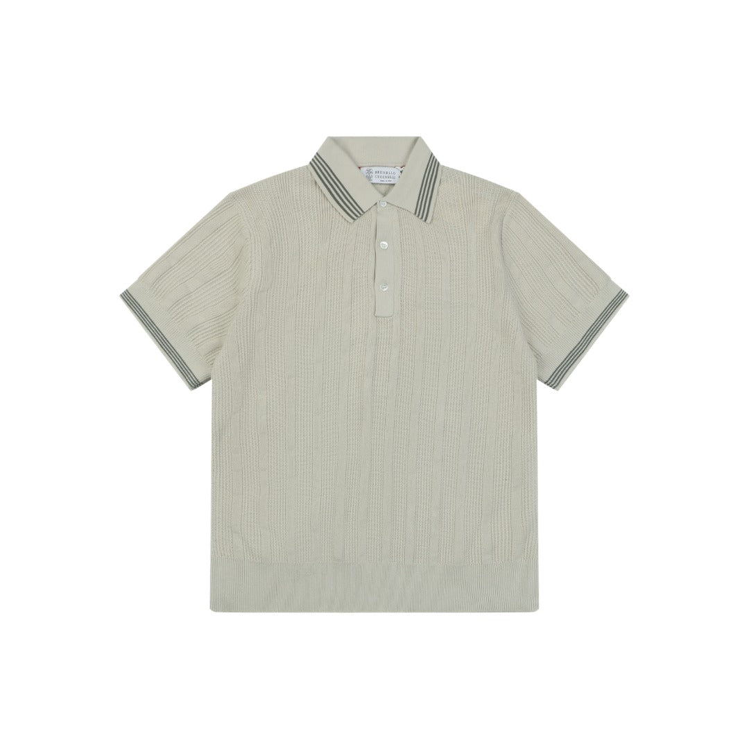 Balenciaga Colorblock Vertical Stripe Tipped Polo Short Sleeve – Stone / Black