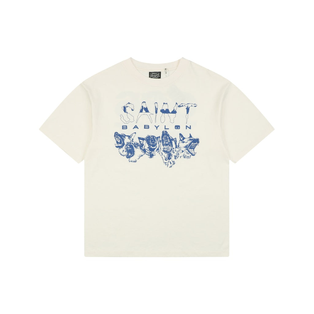 Saint Michael Wolf Pack Blue Porcelain Print Short Sleeve Tee – Cream