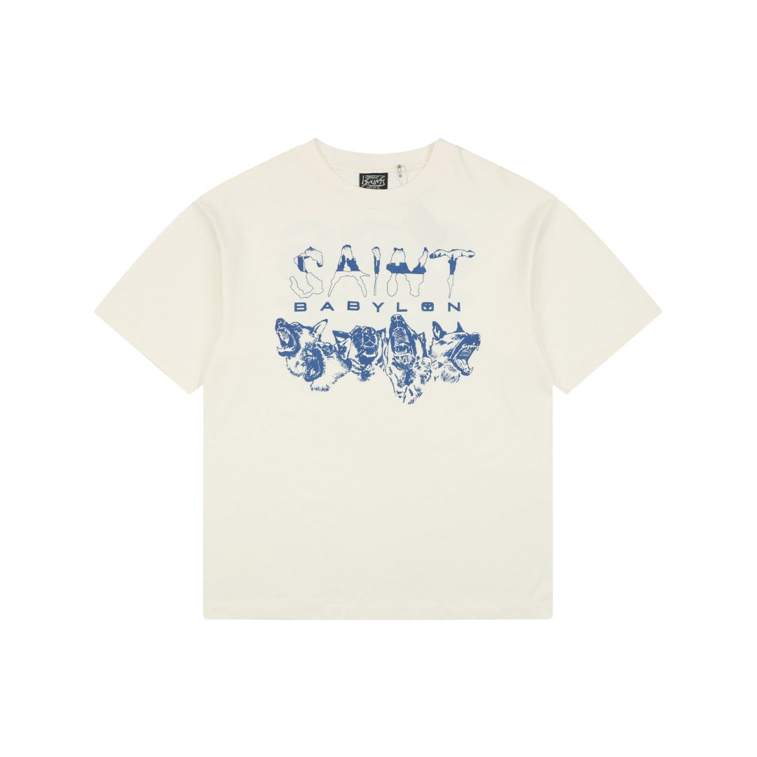 Saint Michael Wolf Pack Blue Porcelain Print Short Sleeve Tee – Cream