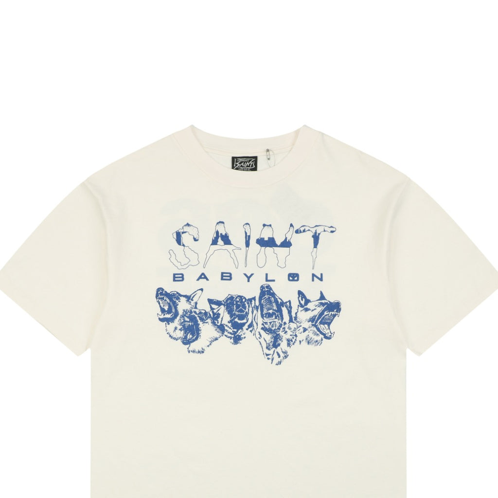 Saint Michael Wolf Pack Blue Porcelain Print Short Sleeve Tee – Cream