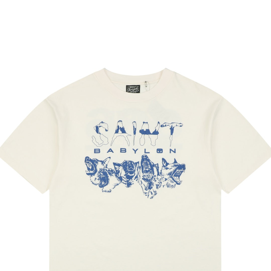 Saint Michael Wolf Pack Blue Porcelain Print Short Sleeve Tee – Cream