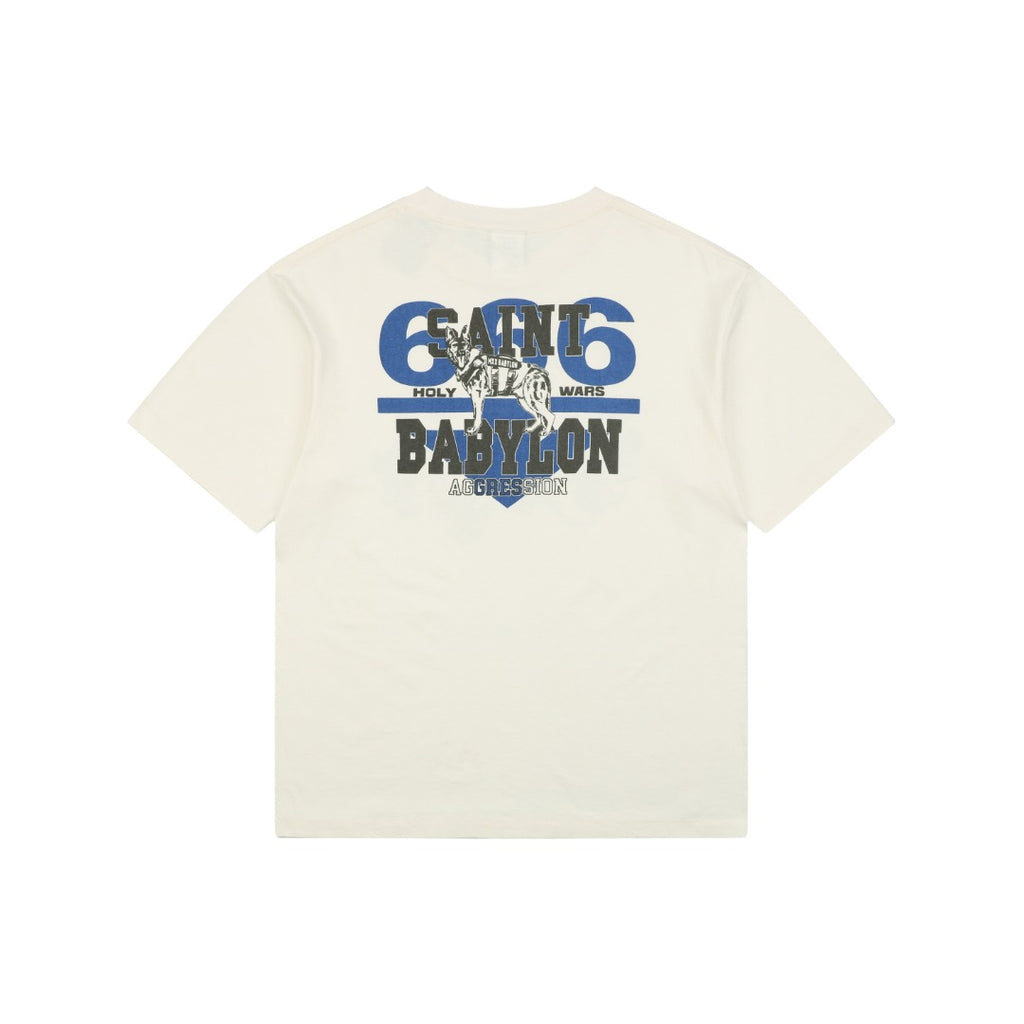 Saint Michael Wolf Pack Blue Porcelain Print Short Sleeve Tee – Cream