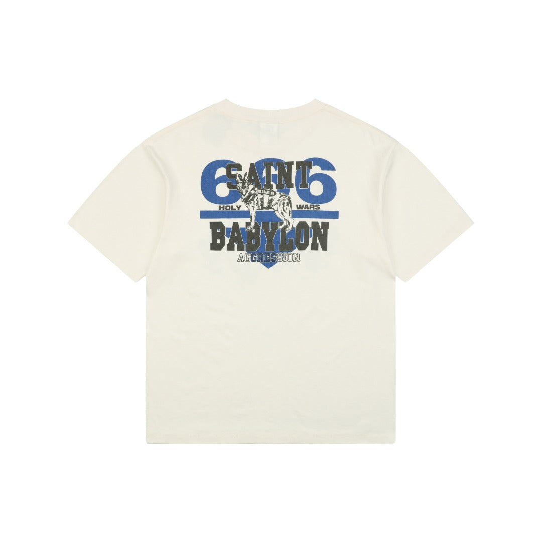 Saint Michael Wolf Pack Blue Porcelain Print Short Sleeve Tee – Cream