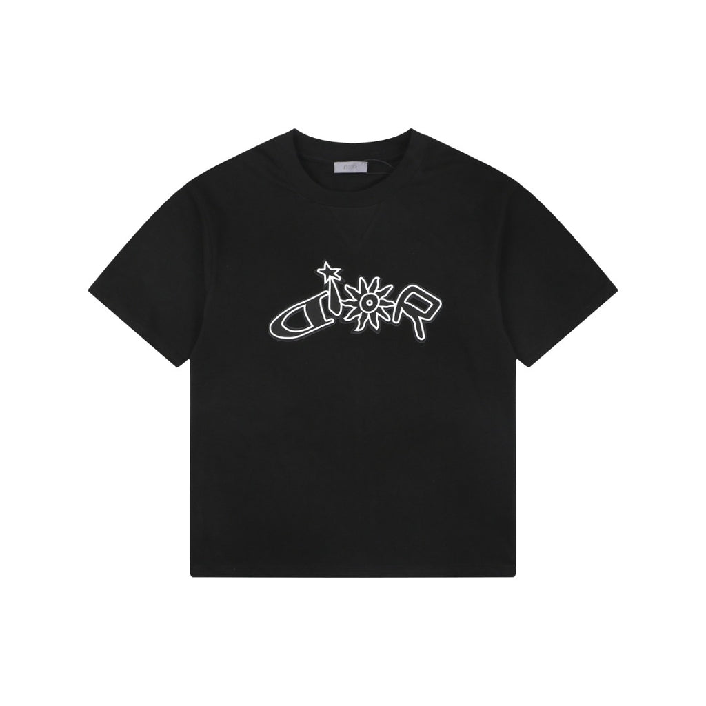 Dior Dio(r) Sun Star Deconstructed Letter Outline Embroidered Short Sleeve Tee – Black