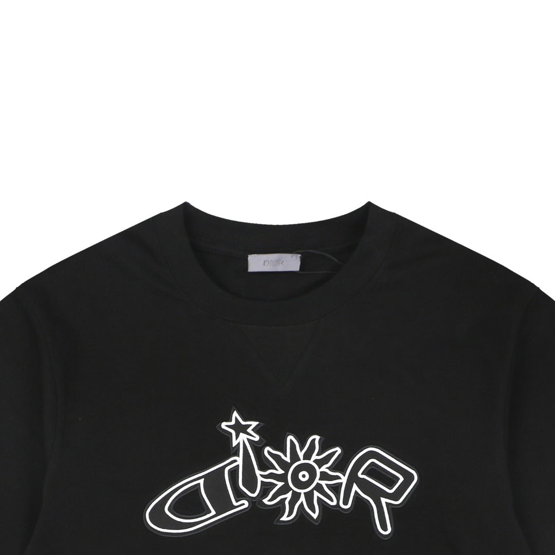 Dior Dio(r) Sun Star Deconstructed Letter Outline Embroidered Short Sleeve Tee – Black