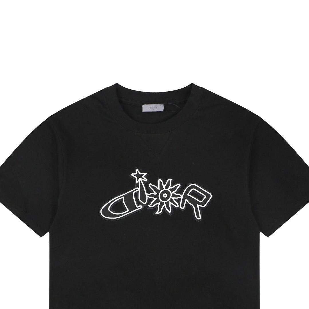 Dior Dio(r) Sun Star Deconstructed Letter Outline Embroidered Short Sleeve Tee – Black