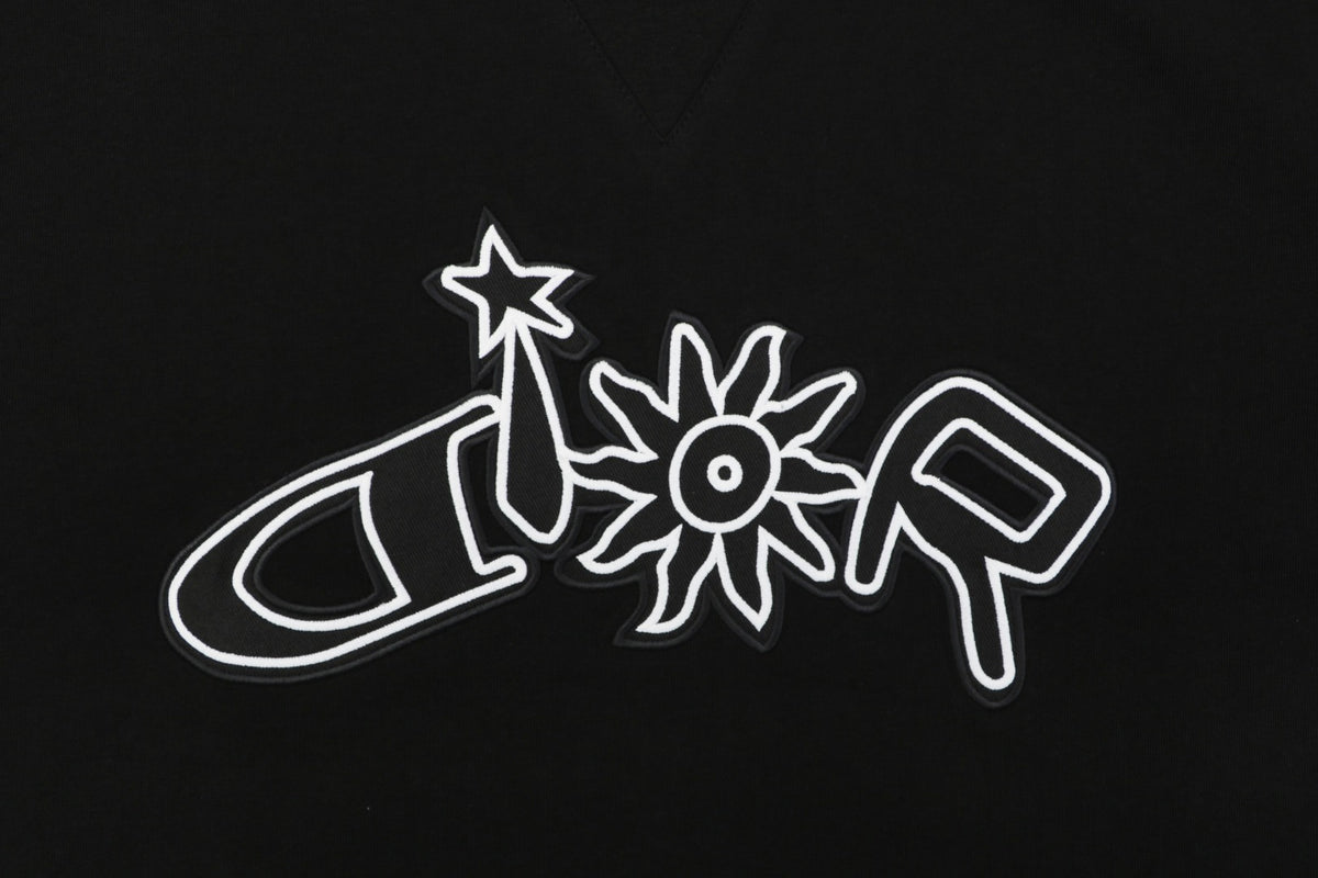 Dior Dio(r) Sun Star Deconstructed Letter Outline Embroidered Short Sleeve Tee – Black