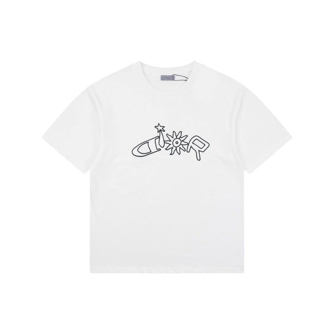 Dior Solar Star Letter Outline Embroidered Short Sleeve Tee – White