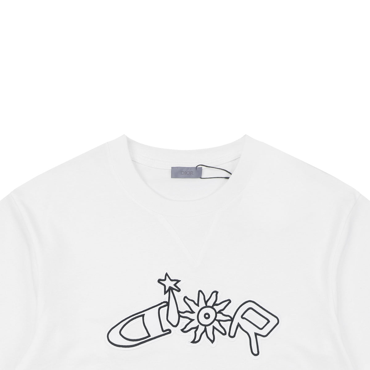 Dior Solar Star Letter Outline Embroidered Short Sleeve Tee – White