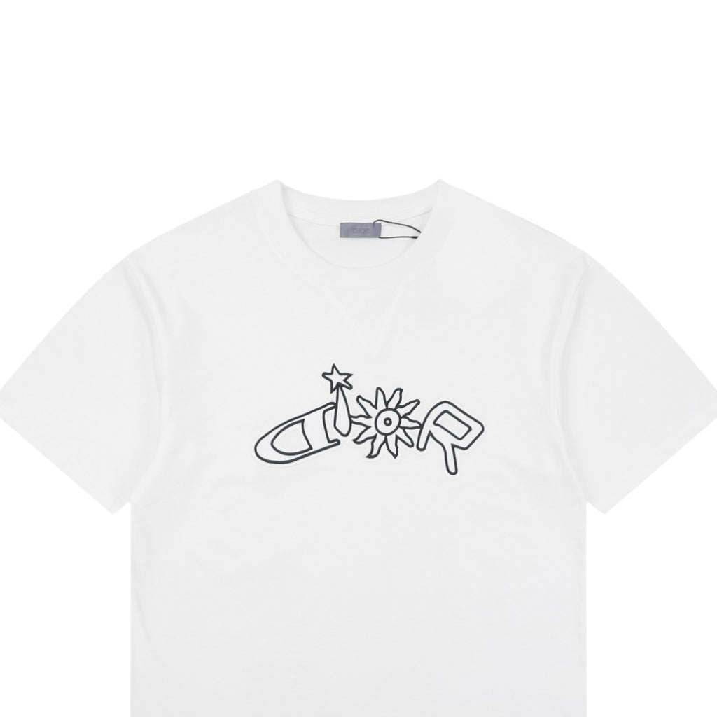 Dior Solar Star Letter Outline Embroidered Short Sleeve Tee – White