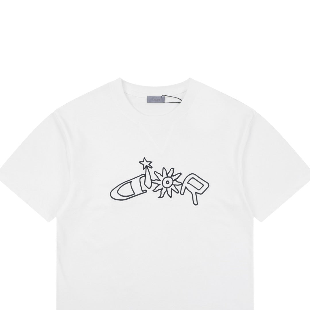 Dior Solar Star Letter Outline Embroidered Short Sleeve Tee – White