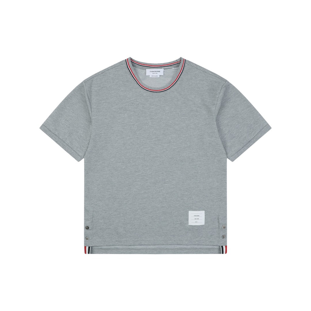 Thom Browne RWB Stripe Tipped Crew Neck Short Sleeve Tee – Light Grey