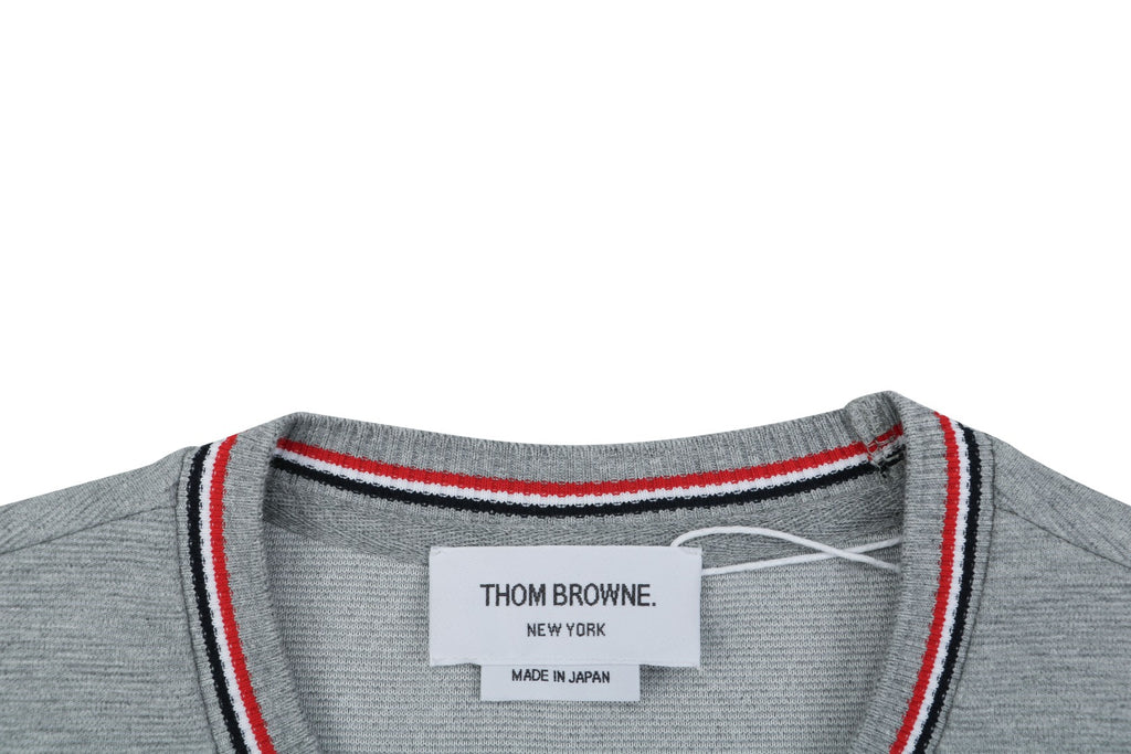 Thom Browne RWB Stripe Tipped Crew Neck Short Sleeve Tee – Light Grey