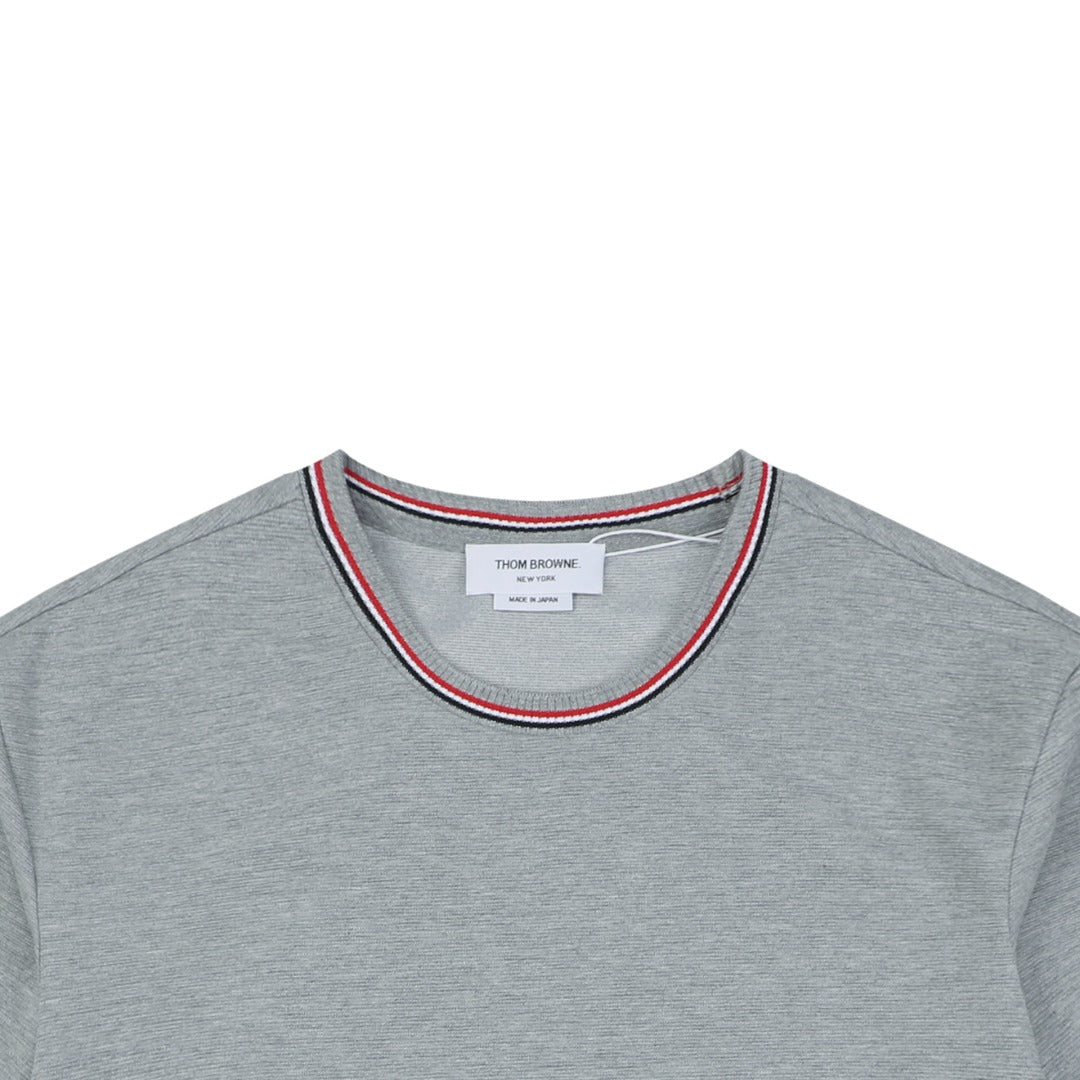 Thom Browne RWB Stripe Tipped Crew Neck Short Sleeve Tee – Light Grey