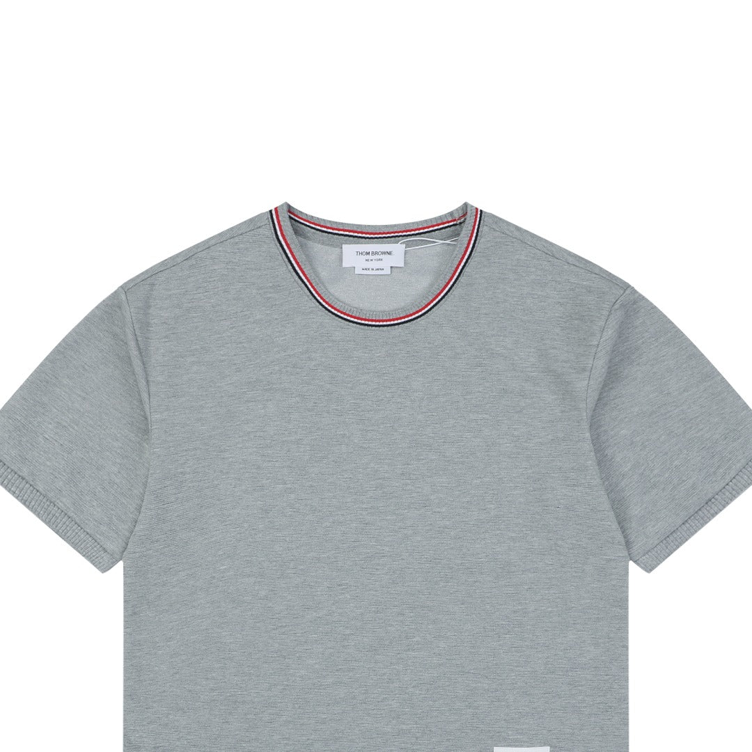 Thom Browne RWB Stripe Tipped Crew Neck Short Sleeve Tee – Light Grey