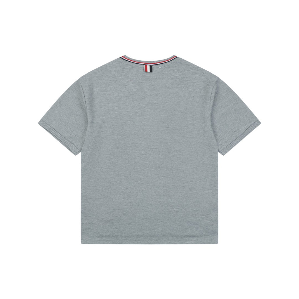 Thom Browne RWB Stripe Tipped Crew Neck Short Sleeve Tee – Light Grey