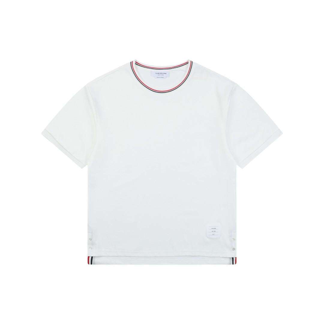 Thom Browne RWB Stripe Tipped Crew Neck Short Sleeve Tee – White
