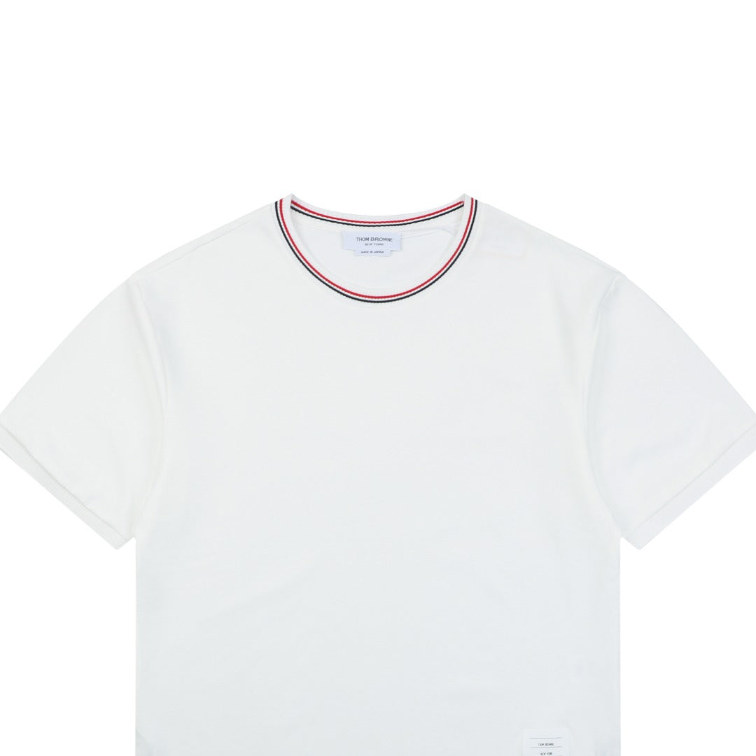 Thom Browne RWB Stripe Tipped Crew Neck Short Sleeve Tee – White