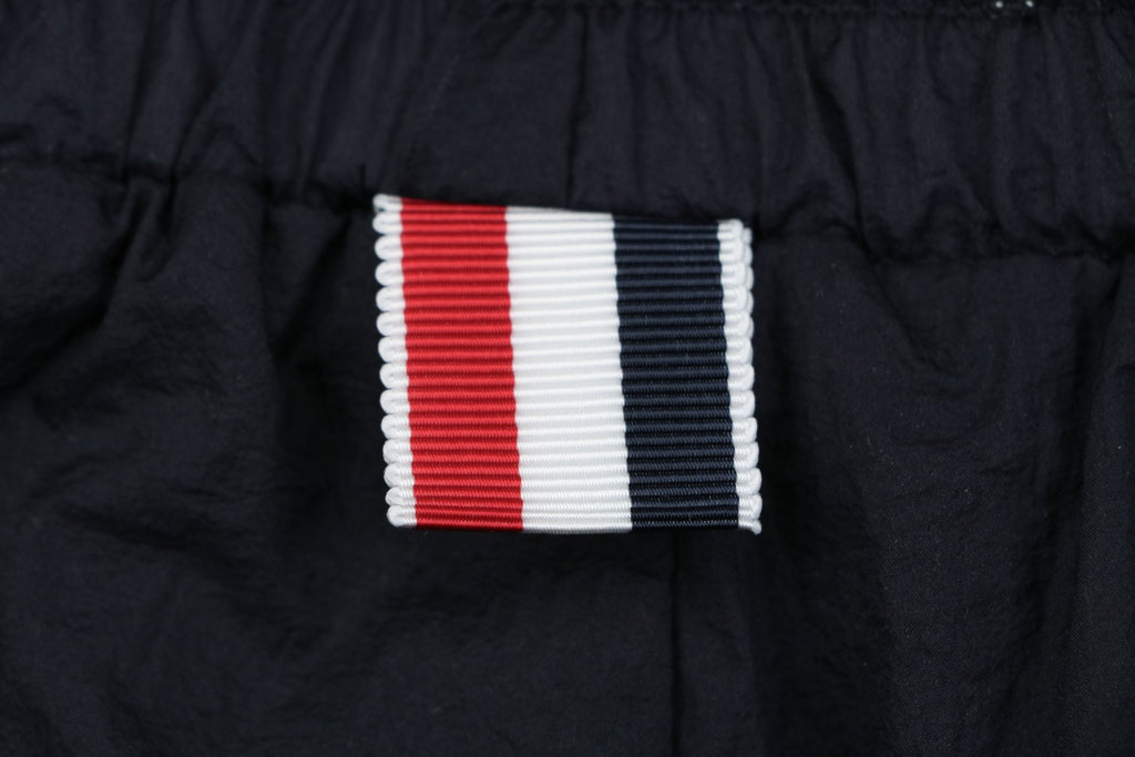 Thom Browne RWB Diagonal Satin Mesh Stripe Drawstring Shorts – Navy