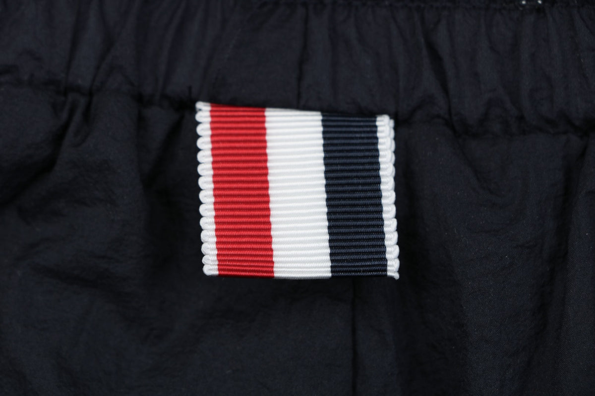 Thom Browne RWB Diagonal Satin Mesh Stripe Drawstring Shorts – Navy