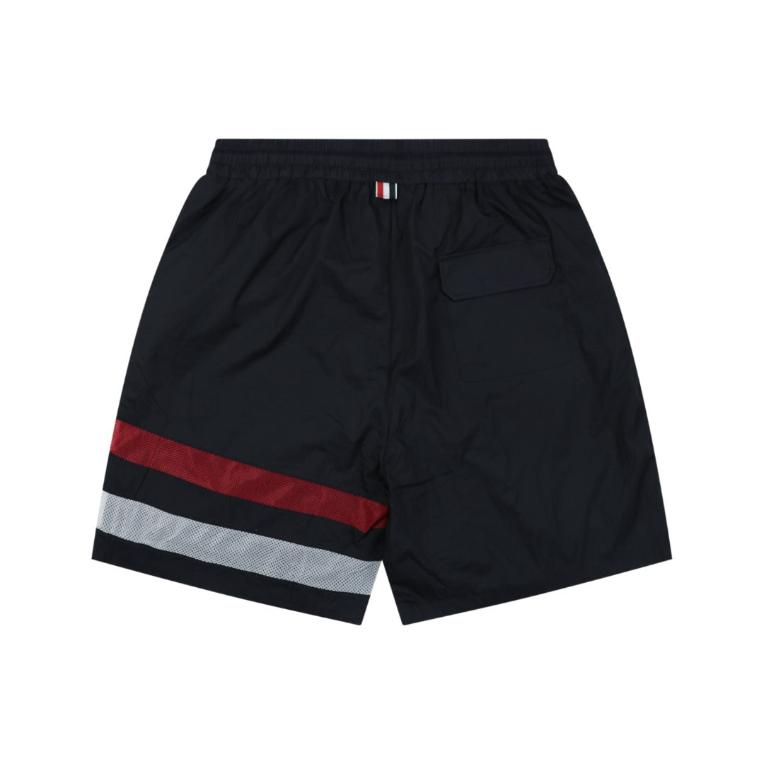 Thom Browne RWB Diagonal Satin Mesh Stripe Drawstring Shorts – Navy