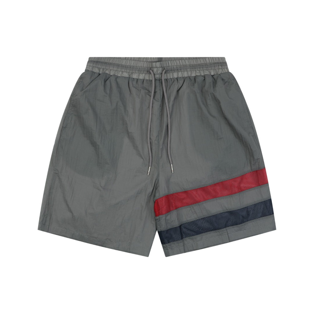 Thom Browne RWB Horizontal Satin Mesh Stripe Drawstring Shorts – Olive Grey