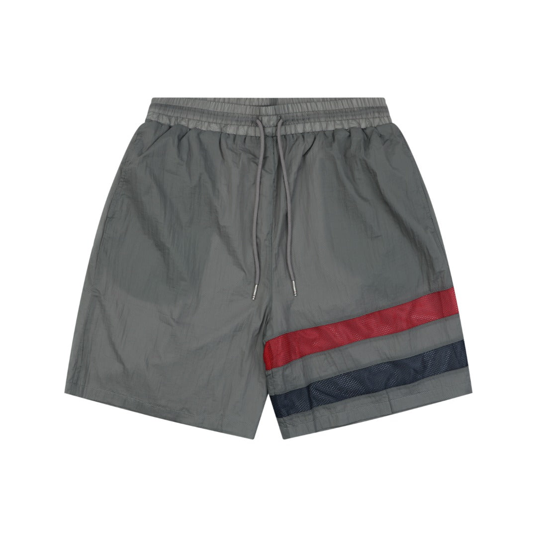 Thom Browne RWB Horizontal Satin Mesh Stripe Drawstring Shorts – Olive Grey