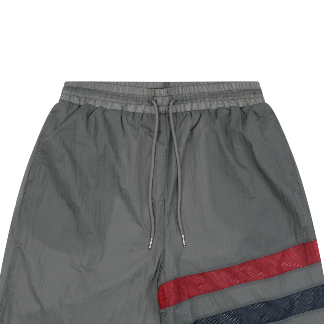 Thom Browne RWB Horizontal Satin Mesh Stripe Drawstring Shorts – Olive Grey
