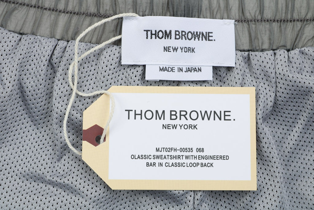 Thom Browne RWB Horizontal Satin Mesh Stripe Drawstring Shorts – Olive Grey