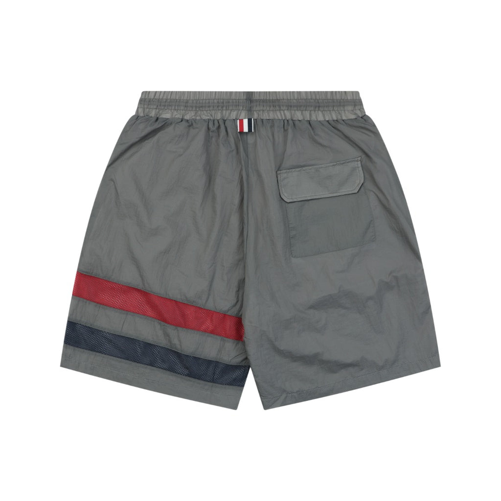 Thom Browne RWB Horizontal Satin Mesh Stripe Drawstring Shorts – Olive Grey